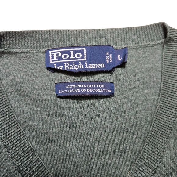 Polo Ralph Lauren Mens L 100% Pima Cotton V Neck Sweater Green Preppy Classic - Picture 4 of 10